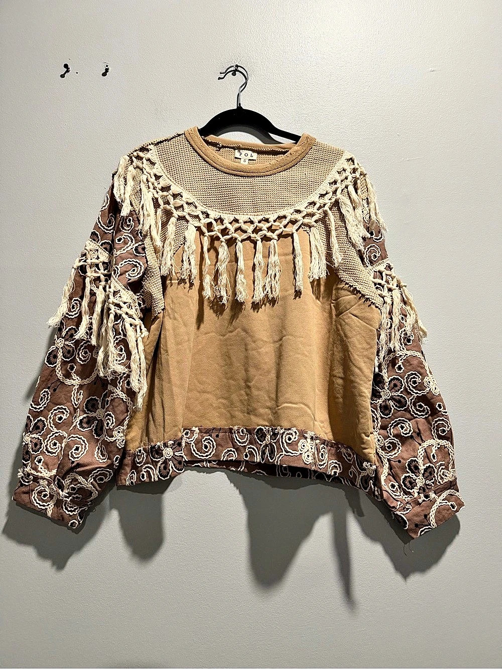 POL Floral Crochet Blouse Brown & Beige Embroidered Top